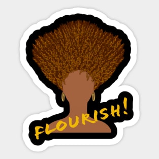 Flourish! Natural Hair Upward Curly Afro with Gold Earrings and Gold Lettering (Black Background) Sticker